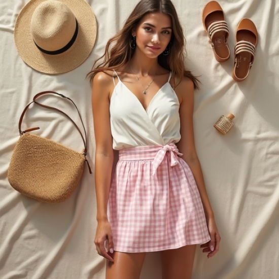 Pastel Pink Gingham Square Neck Wrap Front Skirt