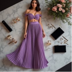 Lavender Off-Shoulder Velvet Pleated Maxi Skirt