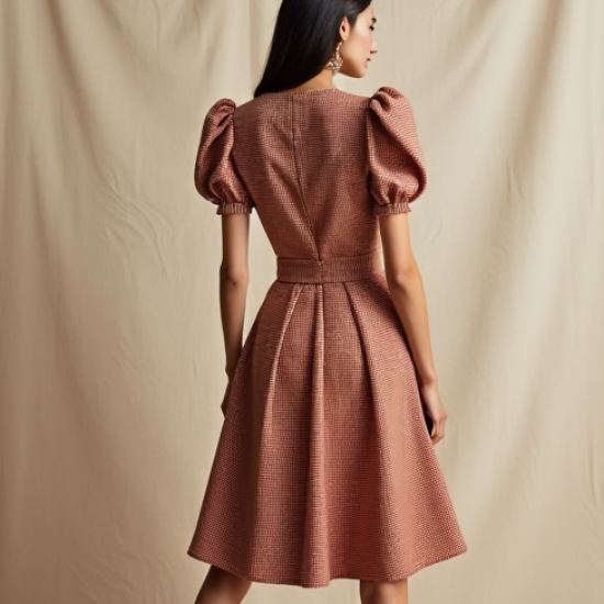 Terracotta Houndstooth Puff Sleeve Tea Dress