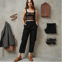 Preppy Square Neck Tulle Cargo Pants