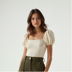 French Style Puff Sleeve Square Neck Cargo Pants