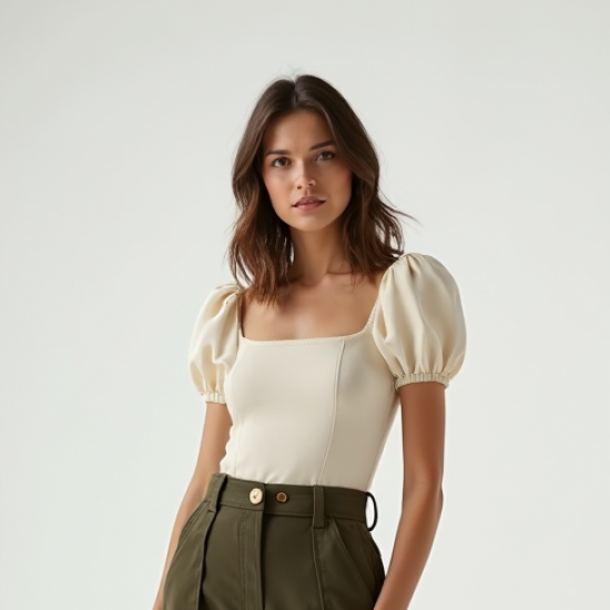 French Style Puff Sleeve Square Neck Cargo Pants