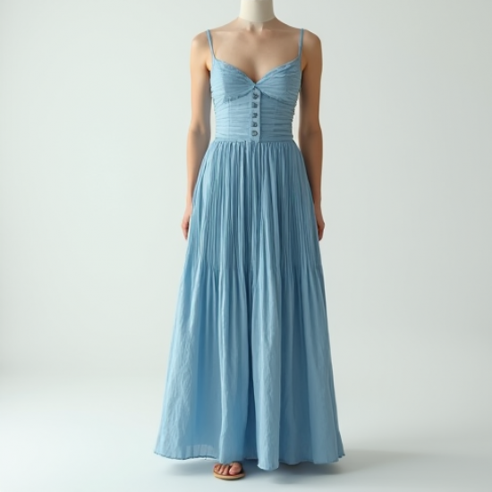Sky Blue Linen Blend Corset Waist Pleated Maxi Skirt