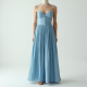 Sky Blue Linen Blend Corset Waist Pleated Maxi Skirt