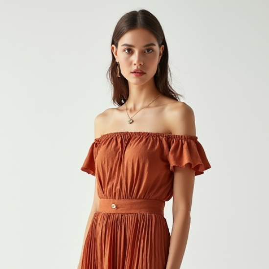 Terracotta Polka Dot Off-Shoulder Pleated Maxi Skirt