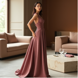 Dusty Rose Cut-Out Tweed Evening Gown