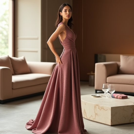 Dusty Rose Cut-Out Tweed Evening Gown