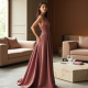 Dusty Rose Cut-Out Tweed Evening Gown