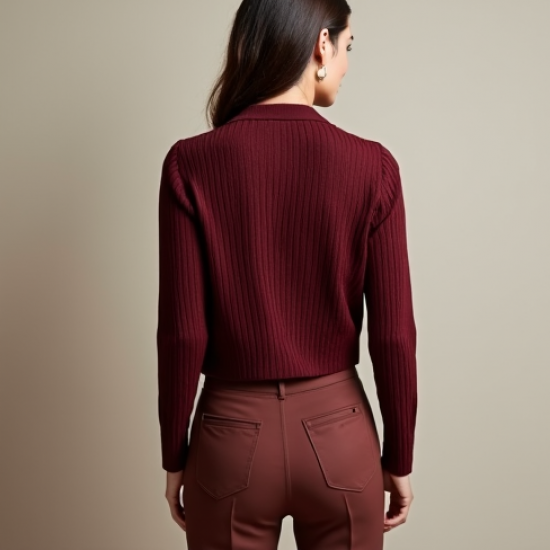 Burgundy Ribbed Knit V-Neck Cropped Jacket