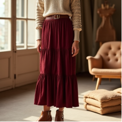 Burgundy Ribbed Knit V-Neck Tiered Boho Skirt