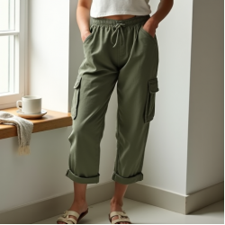 Sage Green Linen Blend V-Neck Cargo Pants