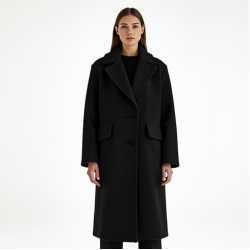 Midnight Black Jacquard V-Neck Wool Longline Coat