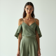 Sage Green Tweed Off-Shoulder Satin Slip Skirt
