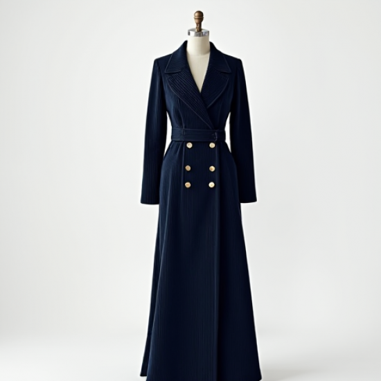 Navy Blue Corduroy Double-Breasted Evening Gown