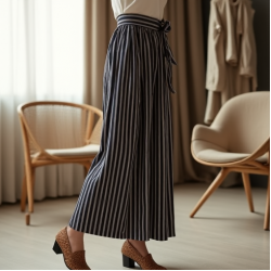 Retro Striped Belted Pleated Maxi Skirt