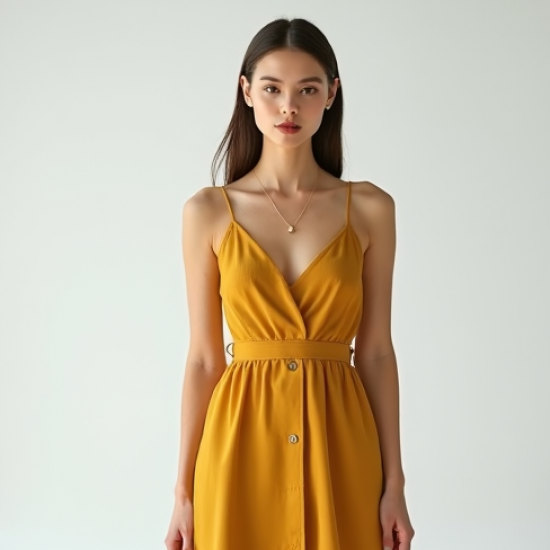 Mustard Yellow Double-Breasted Chiffon Camisole Dress