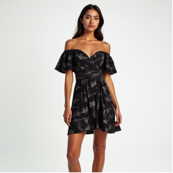 Midnight Black Abstract Print Off-Shoulder Wrap Front Skirt