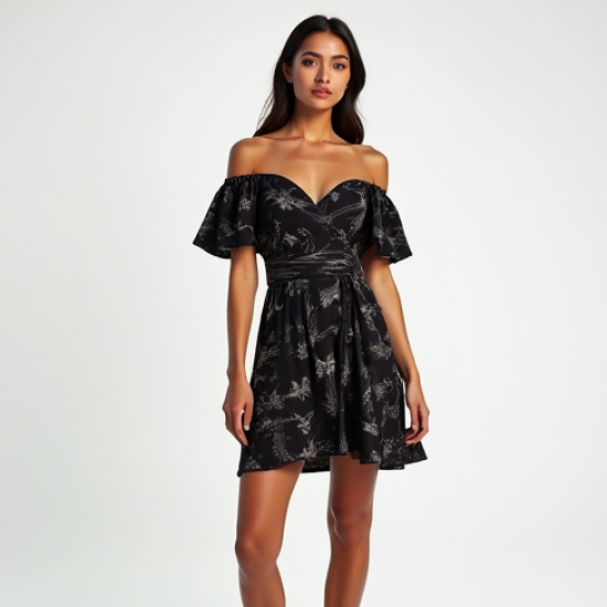Midnight Black Abstract Print Off-Shoulder Wrap Front Skirt
