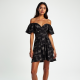 Midnight Black Abstract Print Off-Shoulder Wrap Front Skirt