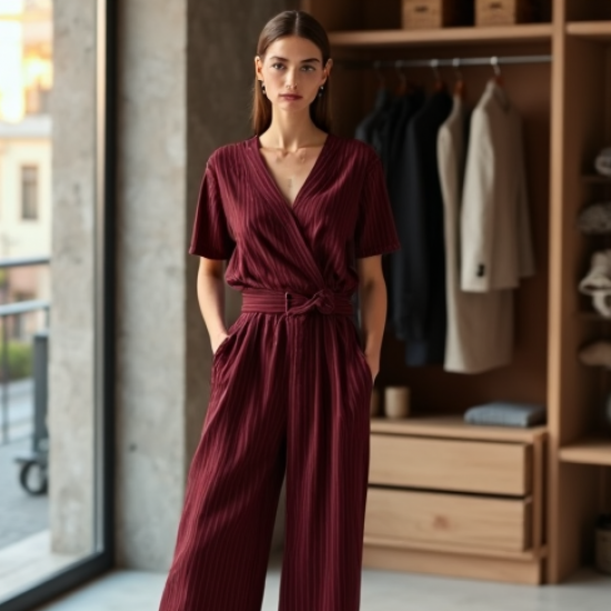 Burgundy Striped V-Neck Wide-Leg Pants