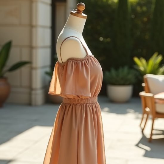 Oatmeal Chiffon Off-Shoulder Tea Dress