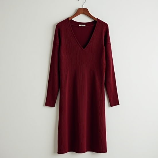 Burgundy Ribbed Knit V-Neck Babydoll Dress