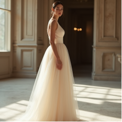 French Style Double-Breasted Tulle Evening Gown