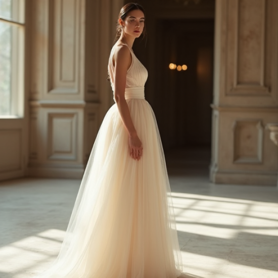 French Style Double-Breasted Tulle Evening Gown