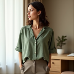 Sage Green Linen Blend V-Neck Blouse