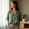 Sage Green Linen Blend V-Neck Blouse