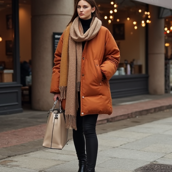 Terracotta Houndstooth Puff Sleeve Puffer Coat