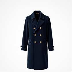 Navy Blue Corduroy Double-Breasted Trench Coat