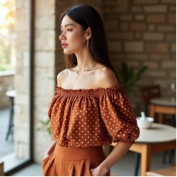 Terracotta Polka Dot Off-Shoulder Blouse