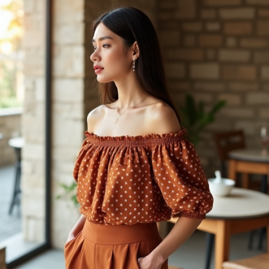 Terracotta Polka Dot Off-Shoulder Blouse