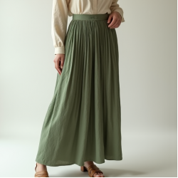 Sage Green Linen Blend V-Neck Pleated Maxi Skirt