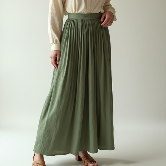 Sage Green Linen Blend V-Neck Pleated Maxi Skirt