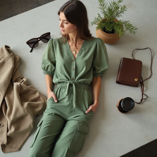 Sage Green Puff Sleeve Chiffon Cargo Pants