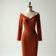Terracotta Solid Color Off-Shoulder High-Waist Pencil Skirt