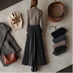 Charcoal Double-Breasted Wool Blend Pleated Maxi Skirt