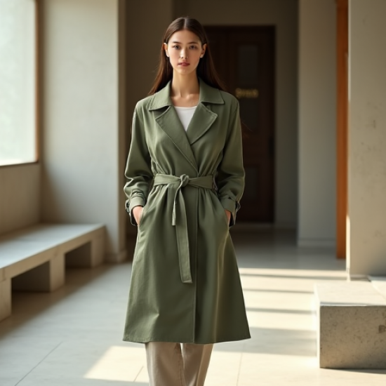 Sage Green Linen Blend V-Neck Trench Coat