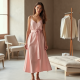 Pastel Pink Jacquard Belted Satin Slip Skirt