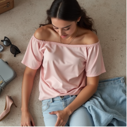 Pastel Pink Off-Shoulder Satin Graphic Tee