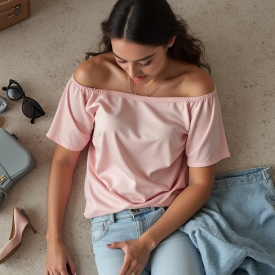 Pastel Pink Off-Shoulder Satin Graphic Tee