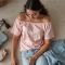 Pastel Pink Off-Shoulder Satin Graphic Tee