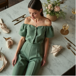 Sage Green Tweed Off-Shoulder High-Waisted Trousers