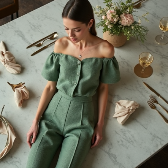 Sage Green Tweed Off-Shoulder High-Waisted Trousers