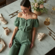 Sage Green Tweed Off-Shoulder High-Waisted Trousers