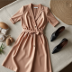 French Style Square Neck Silk Wrap Front Skirt