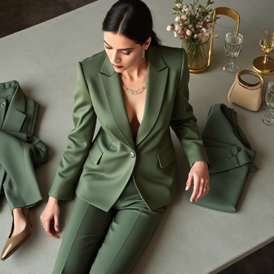 Sage Green Square Neck Satin Tailored Blazer