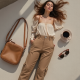 Oatmeal Chiffon Off-Shoulder Cargo Pants